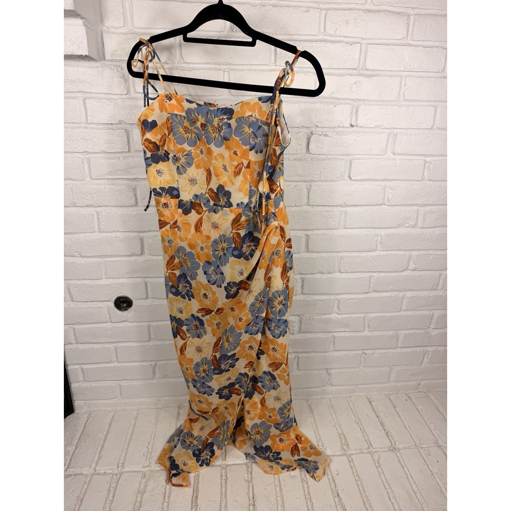 MICAS Womens L Floral Maxi Dress Tie Strap Smocked Back High Slit Boho